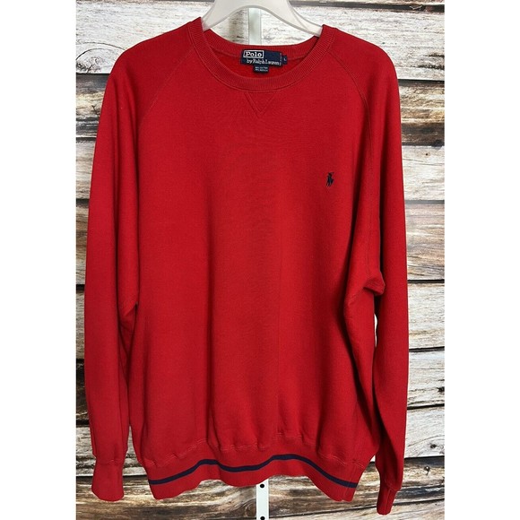 Polo Ralph Lauren Men's Crewneck Sweatshirt Red Large Vintage Blue Stripe Pony - Picture 1 of 8